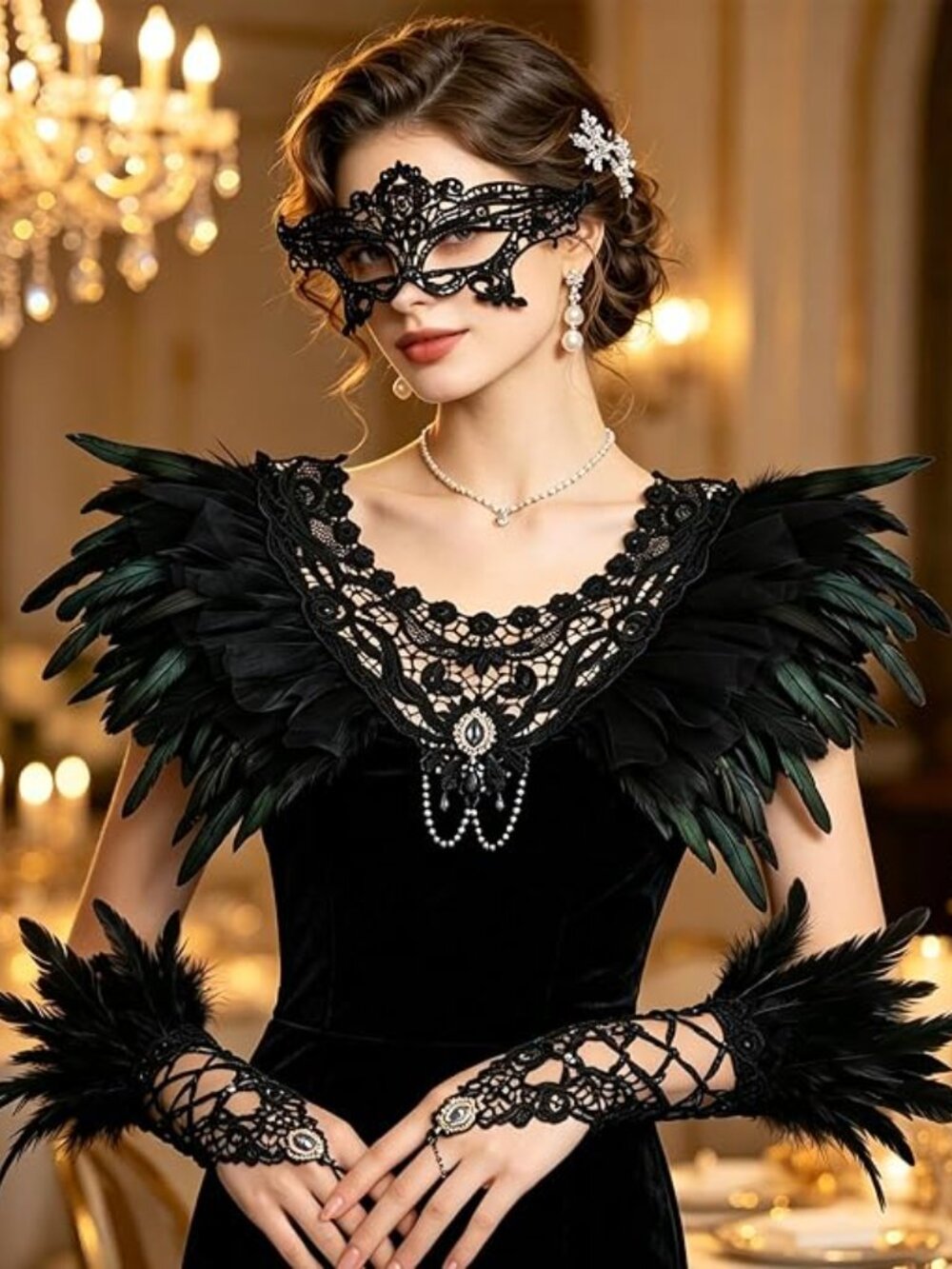 Black Gothic Lace Feather Costume 4PCS